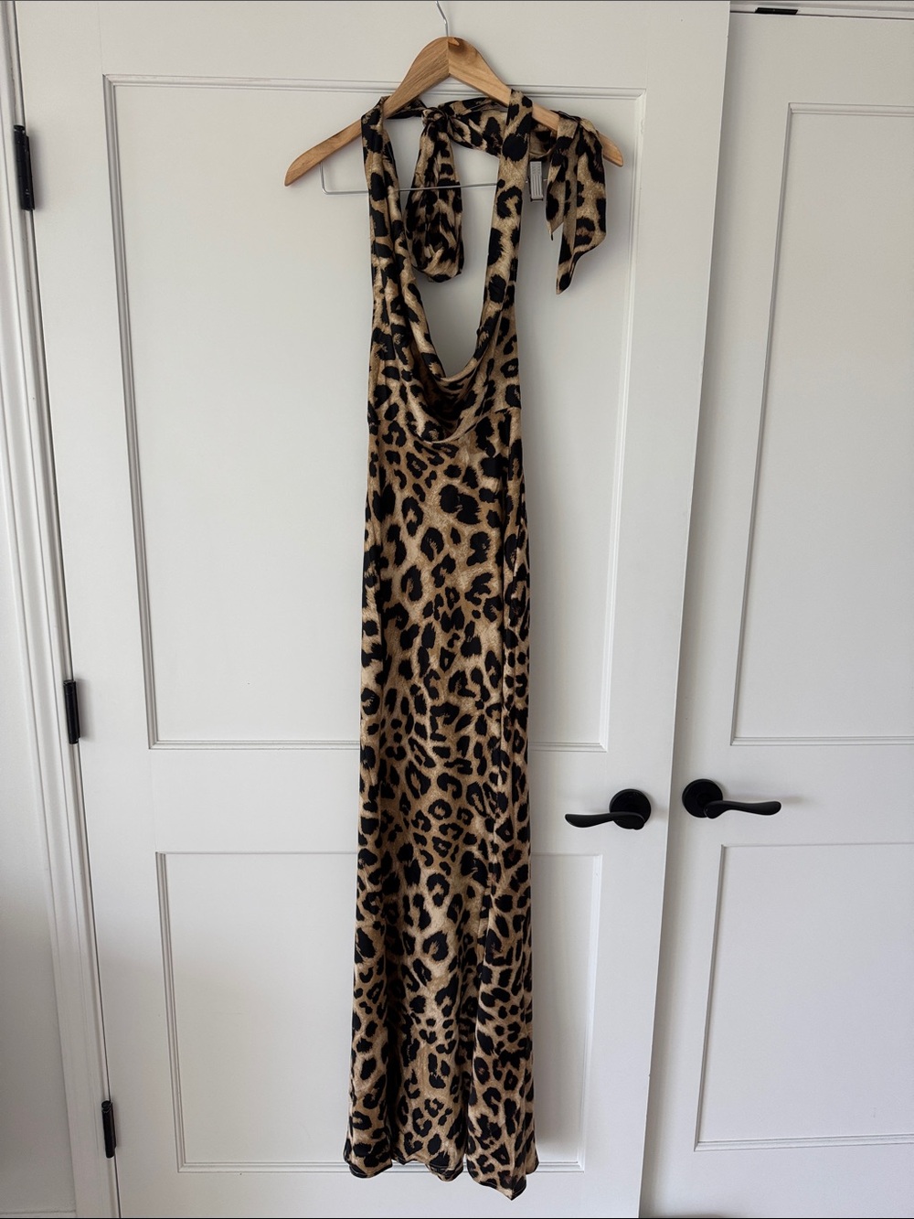 Leopard Print Backless Halter Maxi Dress - Tan & Black